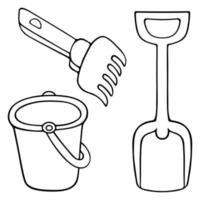 Shovel, rake, bucket. A collection of children toys for beach games. Set of vector illustrations. Outline on an isolated white background. Doodle style. Sketch.  Plastic tool.