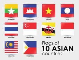 10 Countries of Asian Vector illustration. Square shape flags