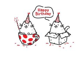 Cartoon funny cats. Kitty wishes happy birthday sitting in a box and in a cup. Vector. Illustrations isolated on white background. Characters for the site and print cards. Present. Two pussies. vector