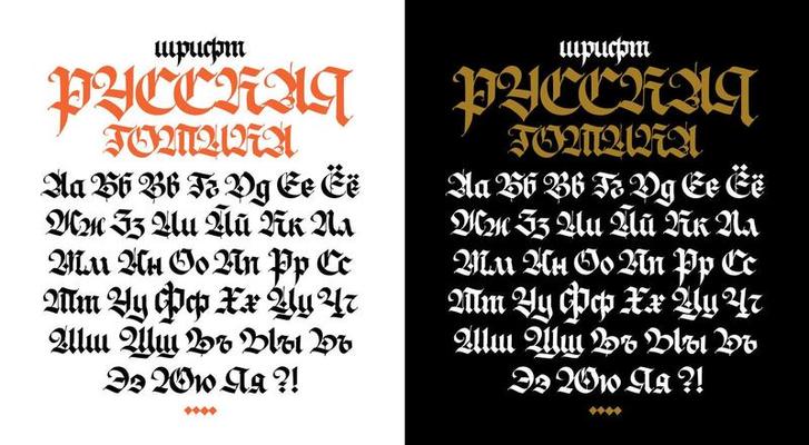 Russian gothic font. Vector. The inscription is in Russian. Neo-Russian modern Gothic. All letters are handwritten with a pen. Medieval ancient European style. All letters are stored separately.