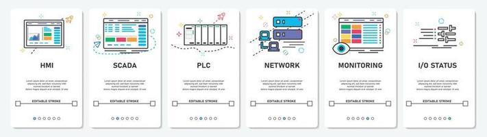 Development Digital Menu HMI, SCADA, PLC, network, monitoring, status, website, mobile app screens simple vektor flat design Illustration vector