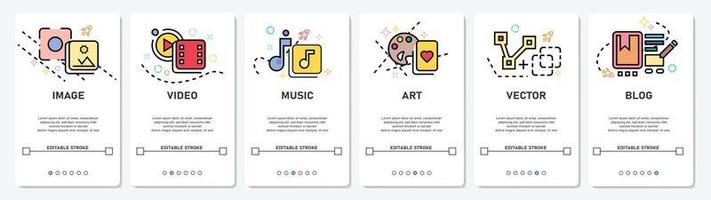 Development Hobby Menu Image, music, video, art, blog website, mobile app screens simple vektor flat design Illustration vector