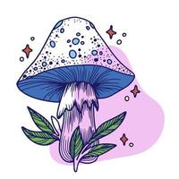 Fairy mushroom, mushroom with plants and starry background, graphics, doodle