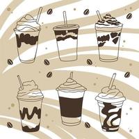 Set of coffee cocktails, drink with cream foam, delicious aroma of coffee, sketch in doodle style vector