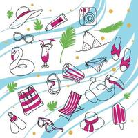 Summer set of items and accessories for summer holidays, doodle vector