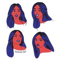 establecer el retrato de una chica con el pelo azul desde diferentes ángulos, con diferentes expresiones faciales, garabatos vector