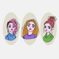 Set of cute cartoon avatars, girls, smile on face, fashion, doodle