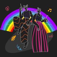 novias, un par de chicas en el fondo de un arco iris con bebidas en las manos, una fiesta, garabatos de dibujos animados vector