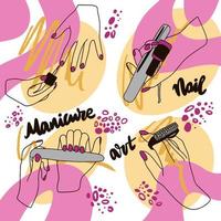 juego de manicura, herramientas y proceso de trabajo de manicura, pintura de uñas, garabato vector