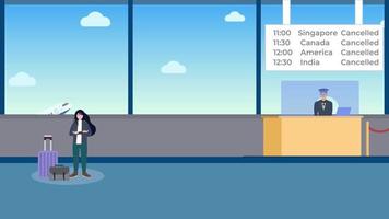 animation de personnage plat 4k avec un avion. une passagère en colère debout à l'intérieur de l'aéroport avec ses bagages et son sac 4k. concept d'annulation de vol avec une animation d'avion. video