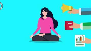 Girl flat character 4K animation in yoga position and men hands moving. Girl doing yoga and promoters trying to advertise her video. Hands with a magnifying glass, microphone, laptop 4k Footage. video