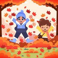 los niños juegan en un montón de hojas en otoño vector