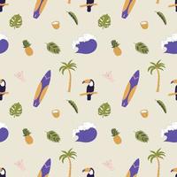 Seamless Pattern With Hand Drawn Elements With A Surf Theme. Wave, Surf, Palm Trees And More. vector