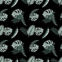 Seamless Pattern With Tropical Leaves On A Black Background. Flat Vector Illustration.
