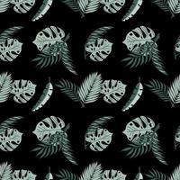 Seamless Pattern With Tropical Leaves On A Black Background. Flat Vector Illustration.