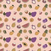 Seamless Pattern With Hand Drawn Tropical Fruits. Grapes, Watermelon, Dragon Fruit And Others. vector