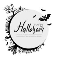 Halloween Background Template with Happy Halloween Text in Circle Frame and Silhouette Cemetery with Scary Castle vector