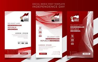 plantilla de publicación en redes sociales en fondo de líneas rojas y blancas para el diseño de campaña de indonesia y texto indonesio significa feliz día de la independencia de indonesia vector