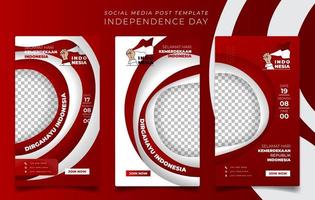 conjunto de plantillas de publicaciones en redes sociales con diseño de fondo rojo y blanco y texto indonesio significa feliz día de la independencia de indonesia vector
