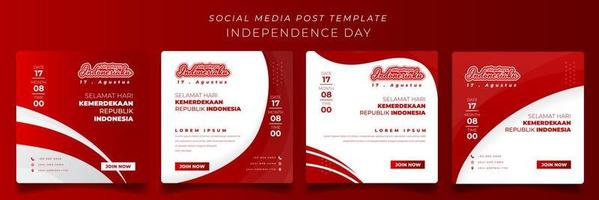 plantilla de redes sociales en fondo cuadrado con diseño ondulado en rojo y blanco y texto indonesio significa feliz día de la independencia de indonesia vector