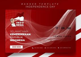 plantilla de banner rojo con fondo de líneas blancas para diseño de campaña y texto indonesio significa feliz día de la independencia de indonesia vector