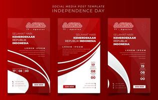 conjunto de plantillas de redes sociales con diseño de fondo blanco rojo ondeante y texto indonesio significa feliz día de la independencia de indonesia vector