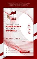 plantilla de banner en diseño de retrato con líneas rojas en fondo blanco para diseño de campaña nacional y texto indonesio significa feliz día de la independencia de indonesia vector