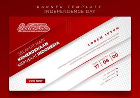 plantilla de banner en fondo rojo blanco en diseño geométrico y texto indonesio significa feliz día de la independencia de indonesia vector