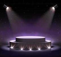 3d realistic vector neon luminous black stage with spot lights around and clouds effect in dark violet background.