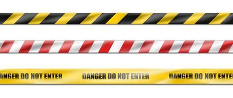 collection of three 3d realistic vector hazard white and red striped ribbon, caution tape of warning signs for crime scene or construction area in yellow.  Isolated on white background.