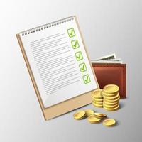 3d realistic vector icon of budget notebook, wallet and gold coins.