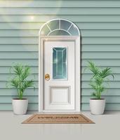 3d realistic vector illustration. Countryside entrance with floor plants and white wooden door.