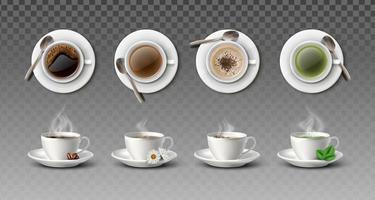Colección de vectores realistas en 3d de tazas de café blancas con cucharas en la vista lateral y superior: capuchino, americano, té negro y té verde.