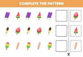 juego educativo para niños complete el patrón de pensamiento lógico encuentre la regularidad y continúe la tarea de la fila con comida y helado de helado vector