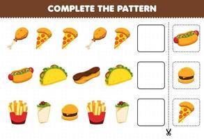 juego educativo para niños completar el patrón de pensamiento lógico encontrar la regularidad y continuar la tarea de la fila con comida y merienda pollo frito pizza perrito caliente taco hamburguesa vector