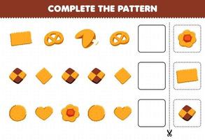 juego educativo para niños, complete el patrón de pensamiento lógico, encuentre la regularidad y continúe la tarea de la fila con galletas de comida y bocadillos vector