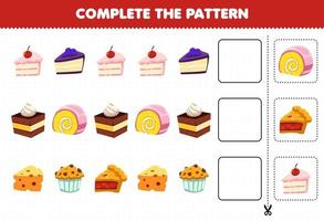 juego educativo para niños completar el patrón de pensamiento lógico encontrar la regularidad y continuar la tarea de la fila con comida y pastel de bocadillos muffin de queso vector