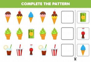 juego educativo para niños complete el patrón de pensamiento lógico encuentre la regularidad y continúe la tarea de la fila con helado y refresco vector