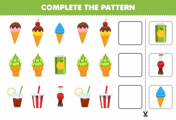 Education game for children complete the pattern logical thinking find the regularity and continue the row task with ice cream and soft drink