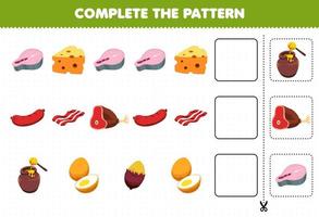 Education game for children complete the pattern logical thinking find the regularity and continue the row task with food salmon cheese sausage bacon beef honey egg vector