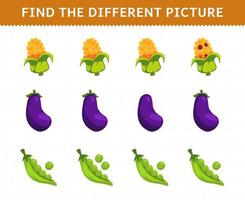 Education game for children find the different picture in each row vegetables corn eggplant peas vector