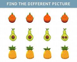 Education game for children find the different picture in each row fruits dragon fruit avocado pineapple vector