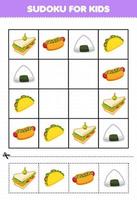 juego educativo para niños sudoku para niños con dibujos animados comida bocadillo sándwich hotdog onigiri taco imágenes vector