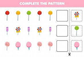 Education game for children complete the pattern logical thinking find the regularity and continue the row task with candy vector