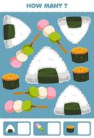 juego educativo para niños buscando y contando actividad para preescolar cuántos dibujos animados comida japonesa sushi onigiri dango vector