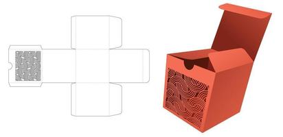 Square mini packaging box with curved pattern die cut template and 3D mockup vector