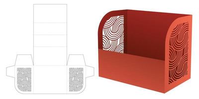 Cardboard stationery box with stenciled curved pattern die cut template and 3D mockup vector