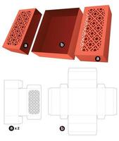 Sliding box and 2 covers with stenciled pattern window die cut template and 3D mockup vector