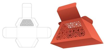 Cardboard trapezoid box with stenciled pattern die cut template and 3D mockup vector