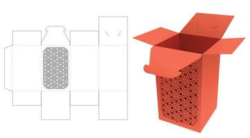 Flip and locked packaging box with stenciled pattern window die cut template and 3D mockup vector